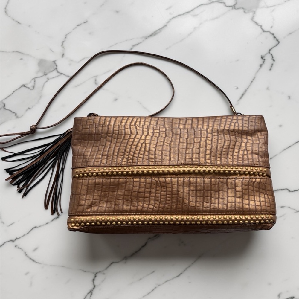 Brown Croc-Embossed Leather Crossbody Bag with Tassel